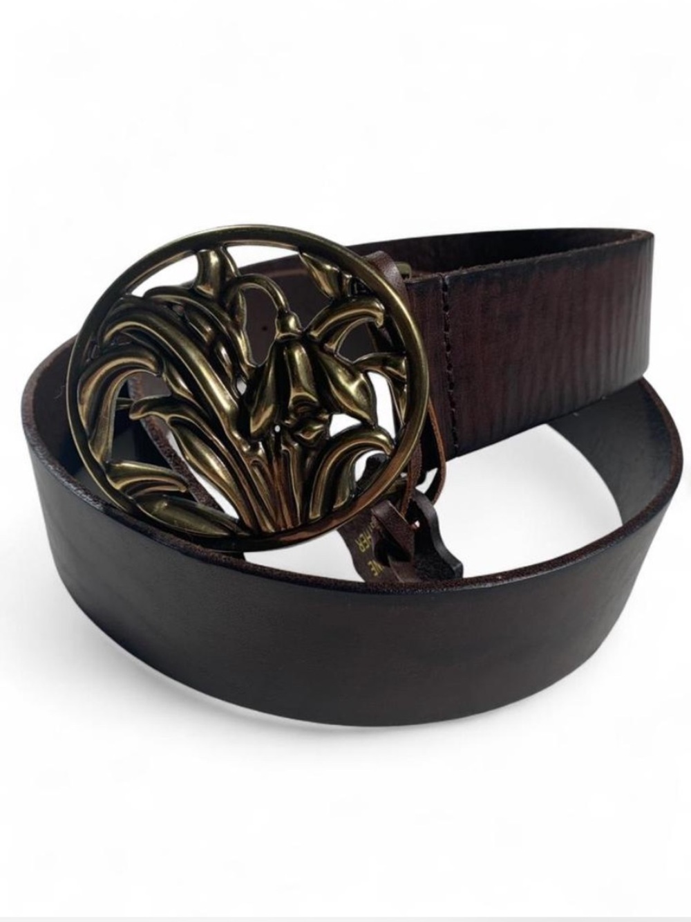 Mossimo Snowdrop Flower Brass Buckle Brown Leather Belt NEW Boho